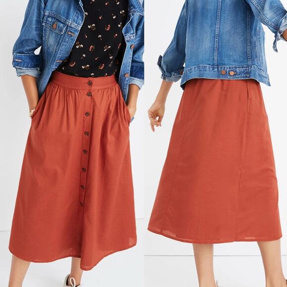 Madewell Palisade Button-Front Midi Skirt In Rusty Torch Orange Size 0 Preppy - Picture 1 of 15